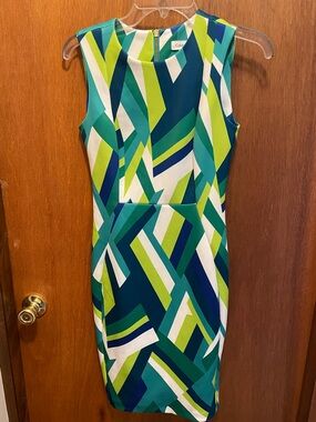 Calvin Klein Geo-Print Sleeveless Midi Dress in Teal, Lime & Navy